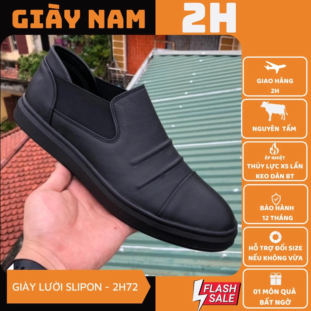 Giày mọi lười Slip on phối thun nam da bò nguyên tấm chống hôi chân, thoáng khi, em chân size 38-43, Đen 2H-72