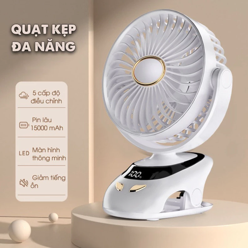 Quạt Kẹp Bàn Mini Cầm Tay – Quạt Mini Kẹp Bàn Tích Điện 5 Tốc Độ Gió, Xoay Linh Hoạt Có Đèn LED