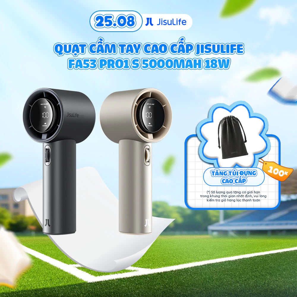 Quạt Cầm Tay Cao Cấp JISULIFE FA53 Pro1 ABS và Pro1 S – Con Lăn Tốc Độ – Đèn LED Hiển Thị – Sử Dụng Đến 15H BH 12 Tháng