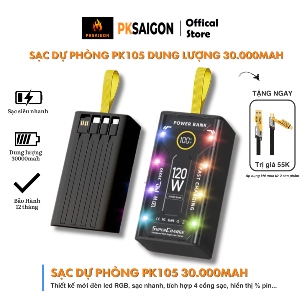 Sạc Dự Phòng PKSAIGON PK105 30000mAh Thiết Kế Mới Đèn Led RGB Sạc Nhanh PD22.5W Kèm 4 Đầu Sạc Tiện Lợi PKSAIGON