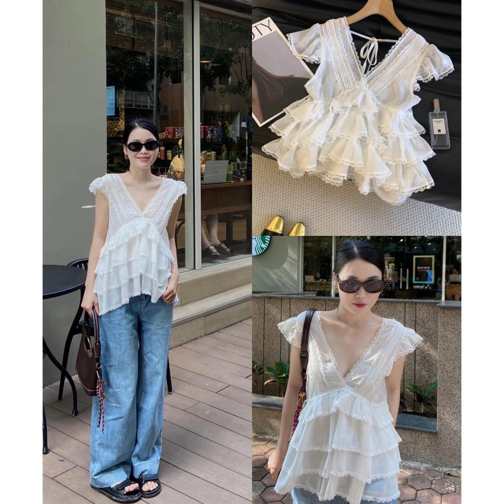Áo voan xếp tầng tay bồng cổ V dáng baby doll – Phối đồ dễ thương, chuẩn gu nàng thơ hiện đại Bi33
