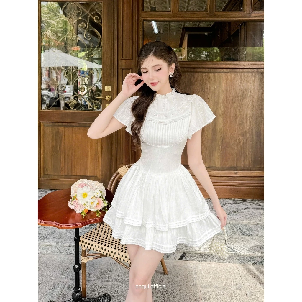COQUI – Váy trắng tiểu thư xếp ly, tay ngắn, dáng xoè 2 tầng vải thô thêu cao cấp MARINA DRESS