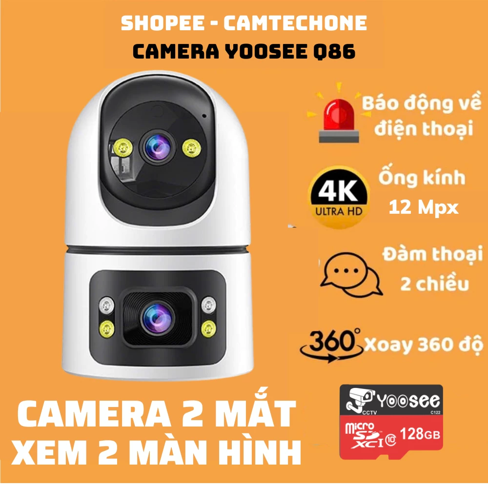 Camera yoosee 2 mắt 2 khung hình – Full HD 12.0M xoay 360 ống kính góc rộng, xem đêm có màu, đàm thoại 2 chiều